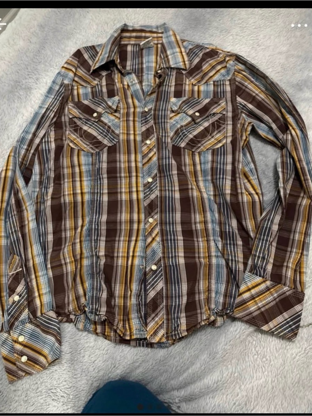 Original True Religion Men's Brown Plaid Button-Up Shirt with Yellow & Blue Stri